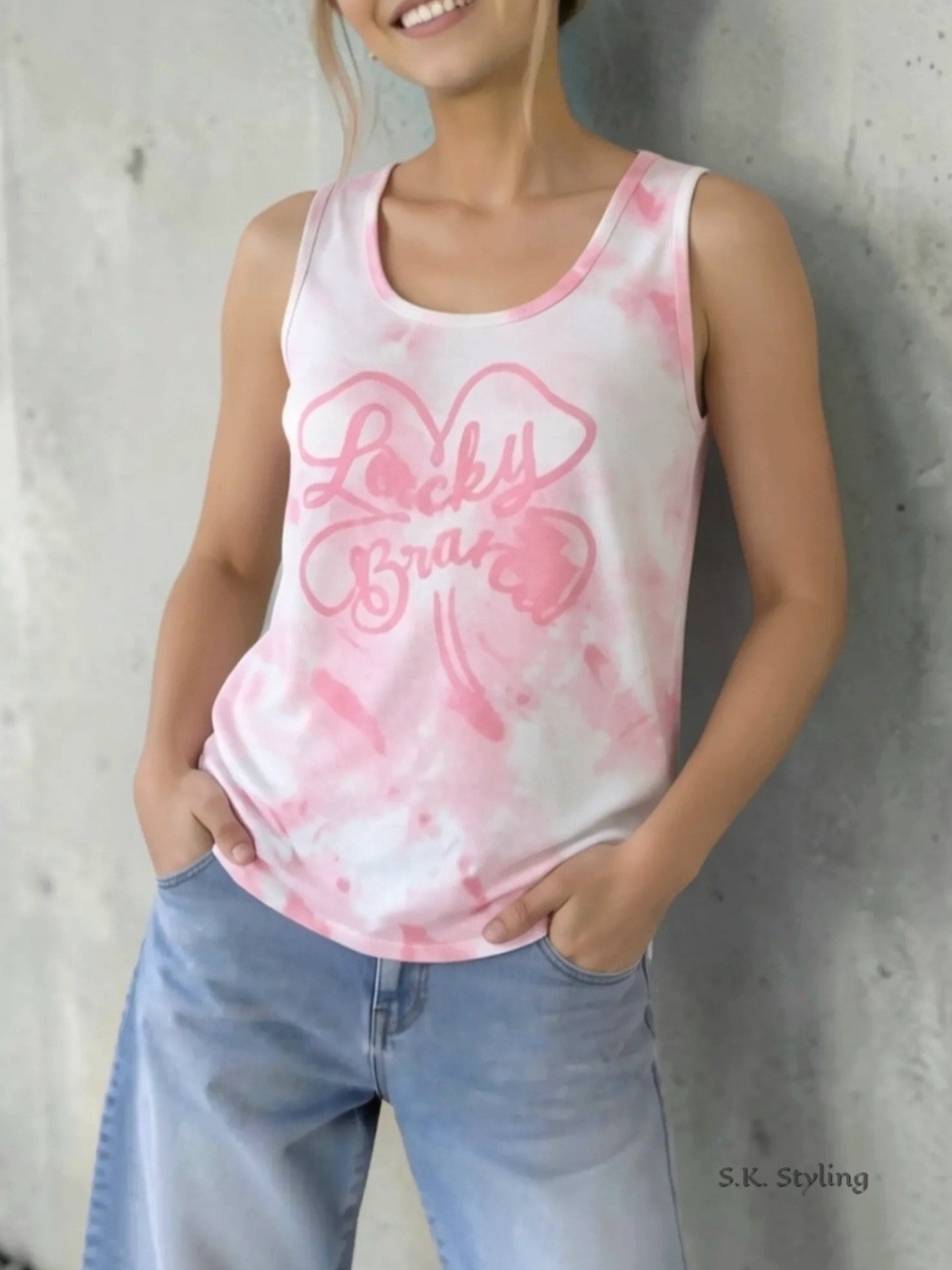 Lucky Brand Shamrock Logo Tank Top Sleeveless Top Pink & White Tie Dye size M/L